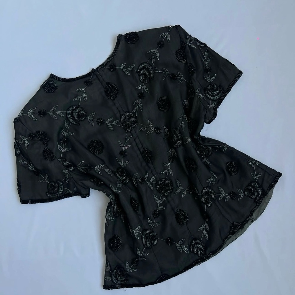 Papll Boutique Evening Black Embroidered Women's Short Sleeve Form Fitting Top View 2